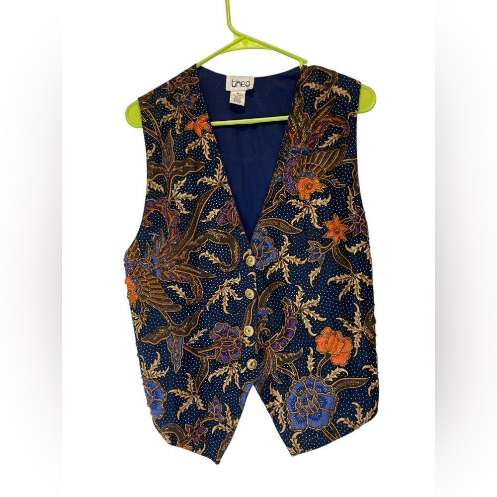 Theo vintage Elegant Blue and Gold Patterned Fabric Beaded Vest size M